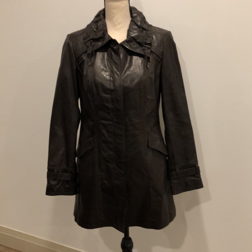 Cole Haan Women's Espresso  Lambskin Leather Hidden Button Down Jacket Coat Sz M